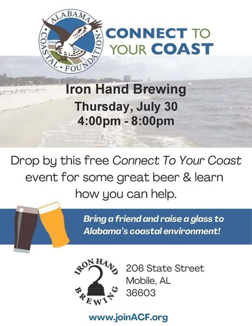 Promotional flyer for a "Connect To Your Coast" event at Iron Hand Brewing, with a beach background.