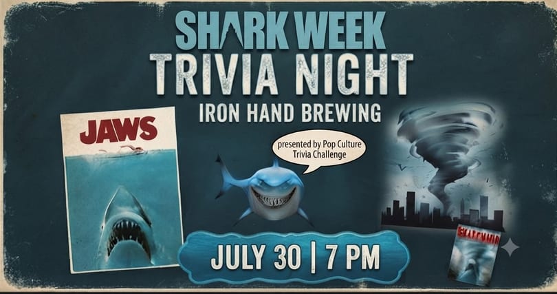 Shark Week Trivia Night poster with Jaws imagery, a cartoon shark, and a tornado over a city.