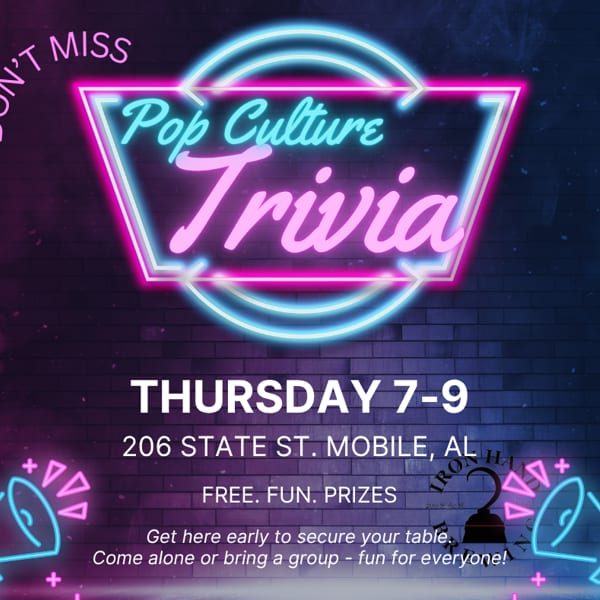 Neon sign advertising "Pop Culture Trivia" on a brick wall background with event details.