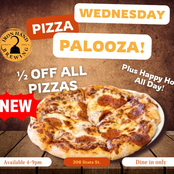 A promotional image for Iron Hand Brewing's "Wednesday Pizza Palooza" with a pepperoni pizza.