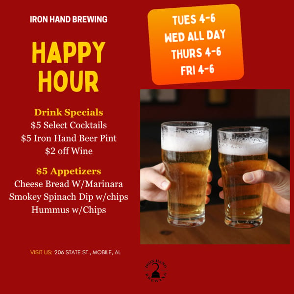 Happy Hour menu for Iron Hand Brewing, featuring drink and appetizer specials with two beer pints.